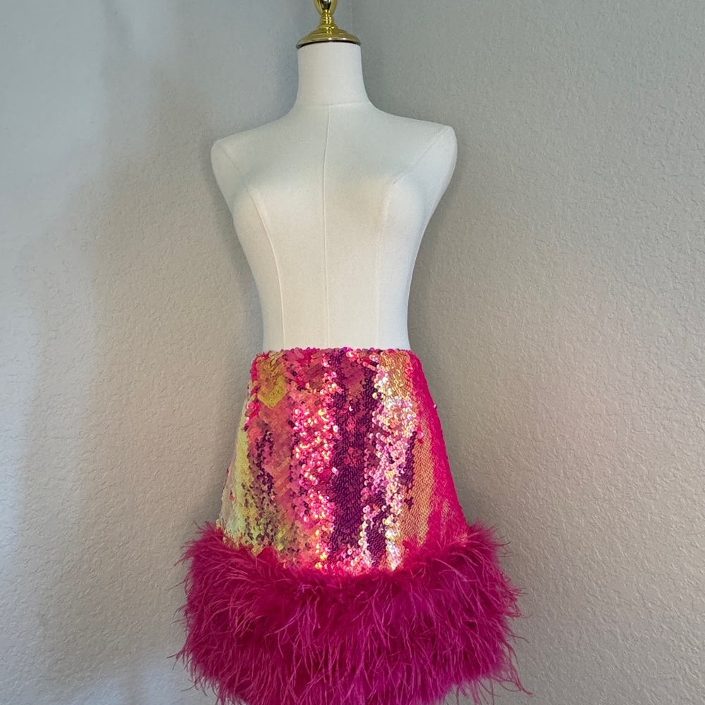 Nadine Merabi Pink Sequin Feather Skirt